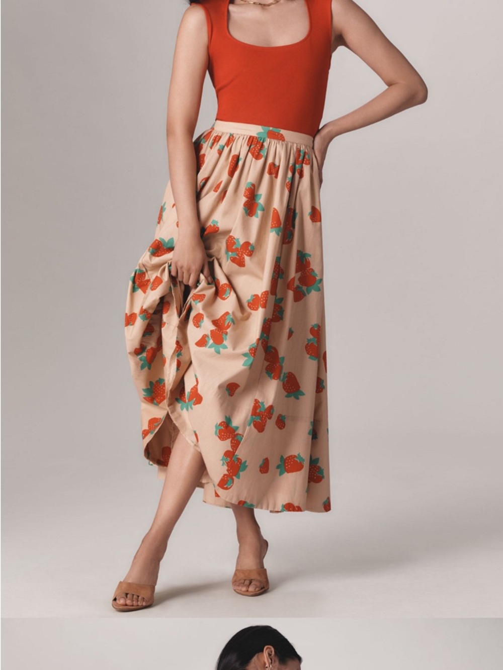 Anthropologie (Maeve) Jacie Poplin Beige Maxi Skirt with Strawberry Print